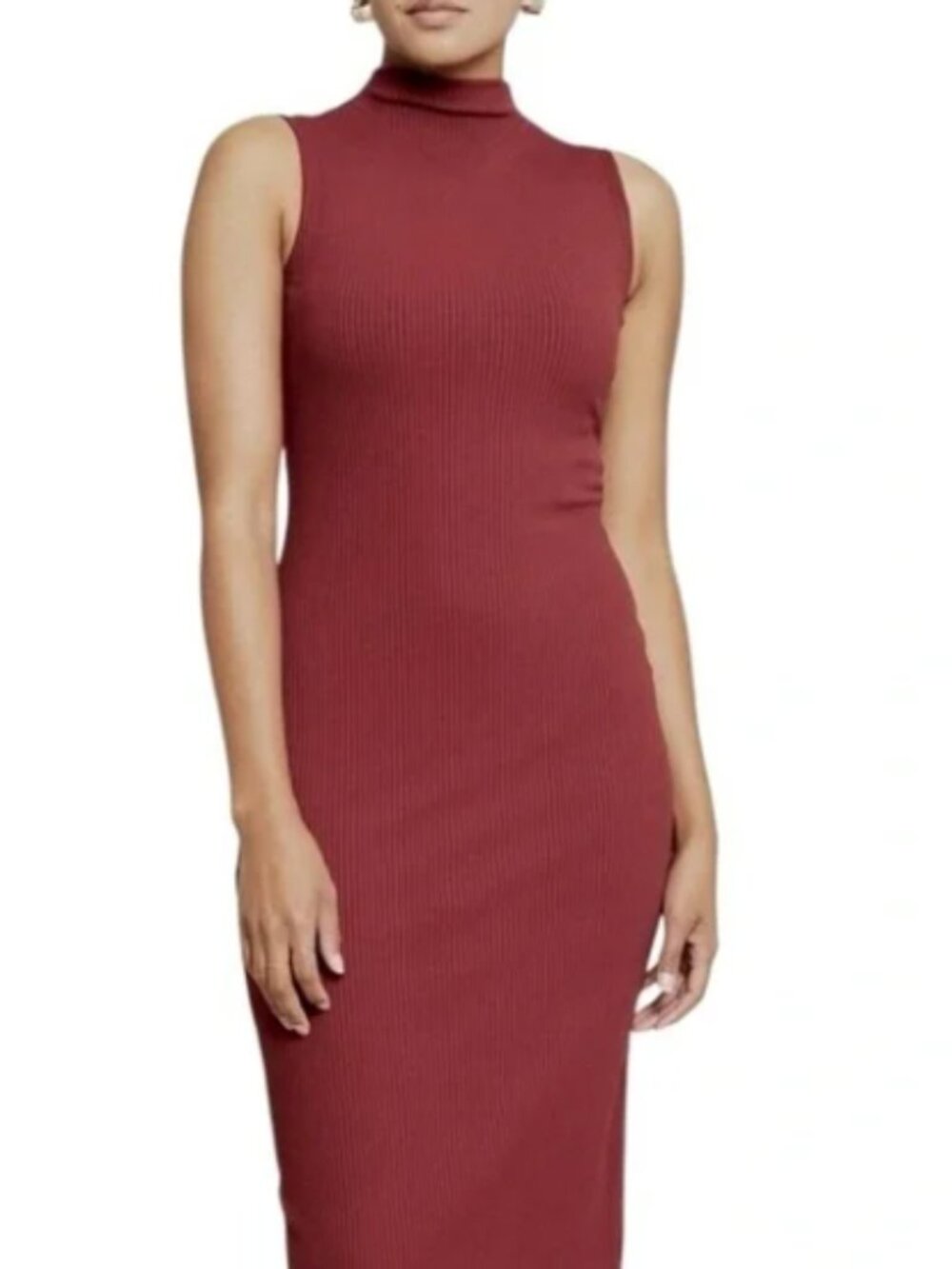 Amour Vert Red Lux Paris Rib Sleeveless Mock Neck Midi Dress Size S